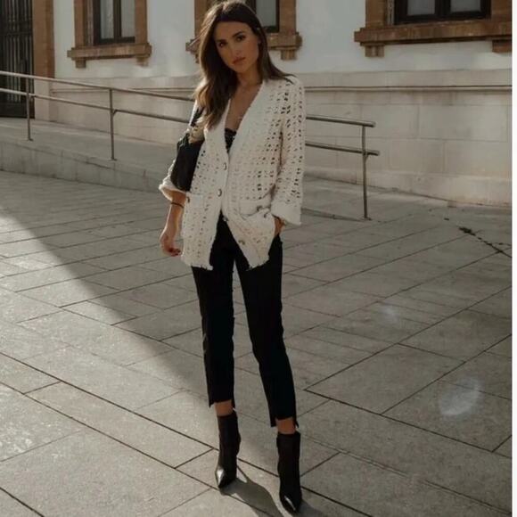 Zara TEXTURED WEAVE JACKET WITH JEWEL BUTTON Size Small - Picture 8 of 16